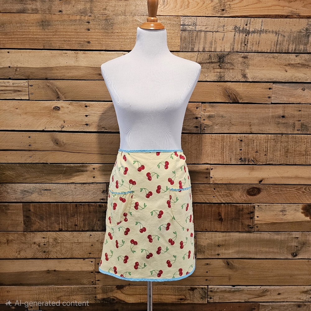 Retro Yellow Cotton Half Apron with Cherry Design